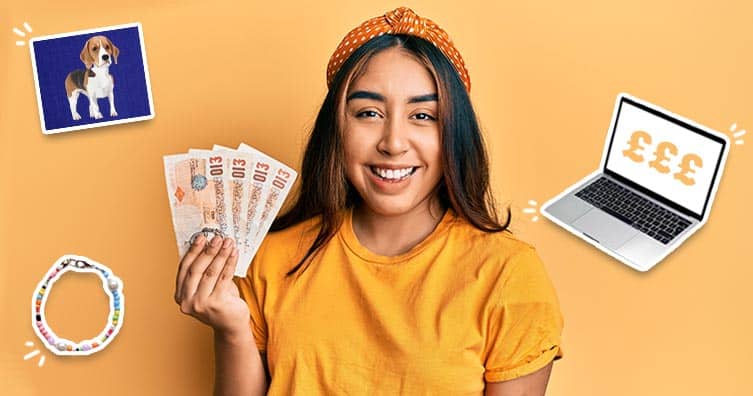 Woman with money, dog portrait, laptop and bracelet